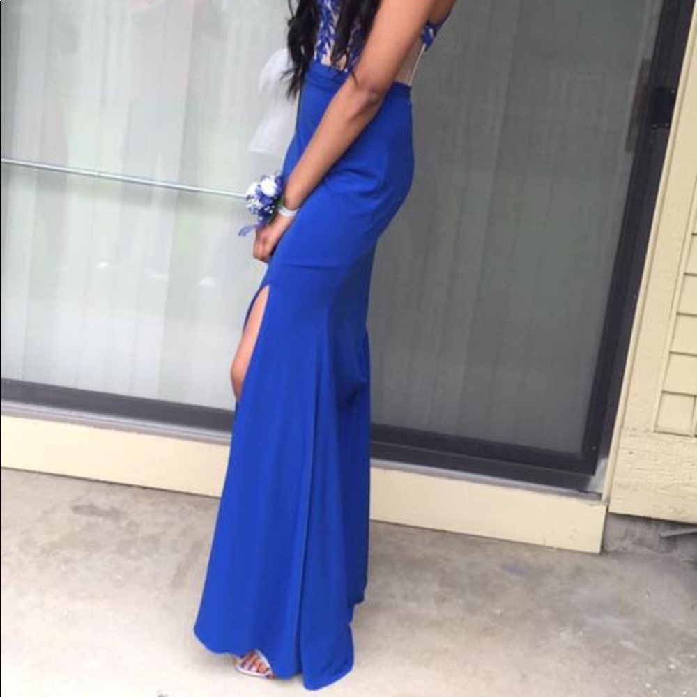 Royal Blue Halter Top Prom Dress - Picture 2 of 6